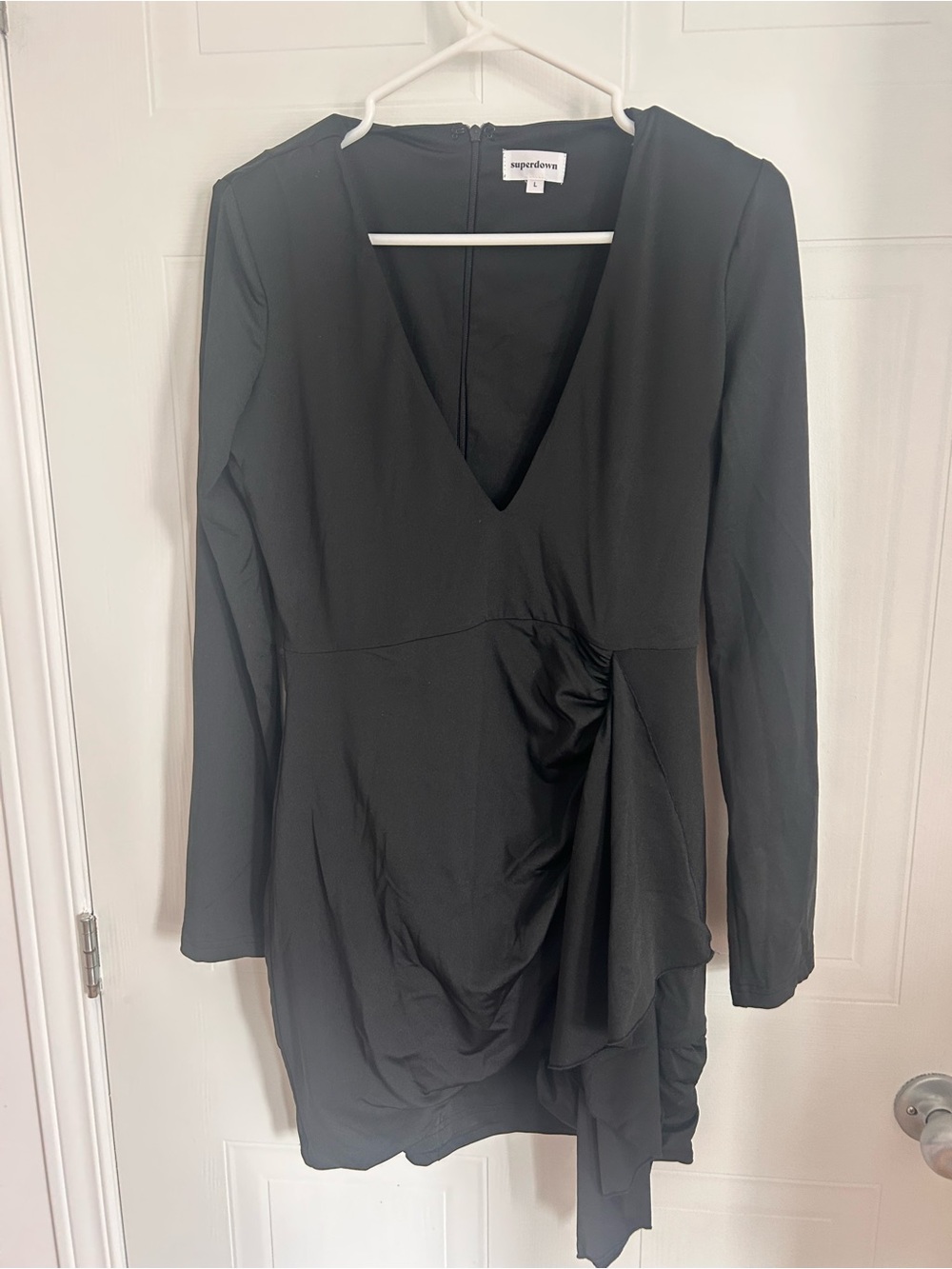 superdown Black Long-Sleeve V-Neck Draped Mini Dress
